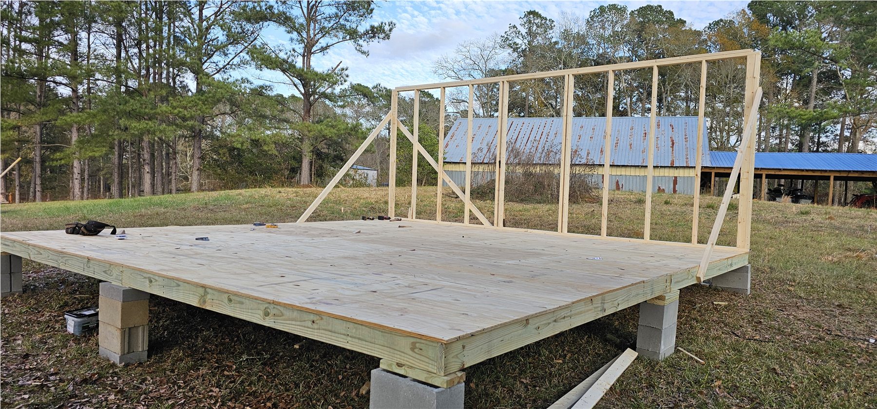 First tiny-house wall frame standing