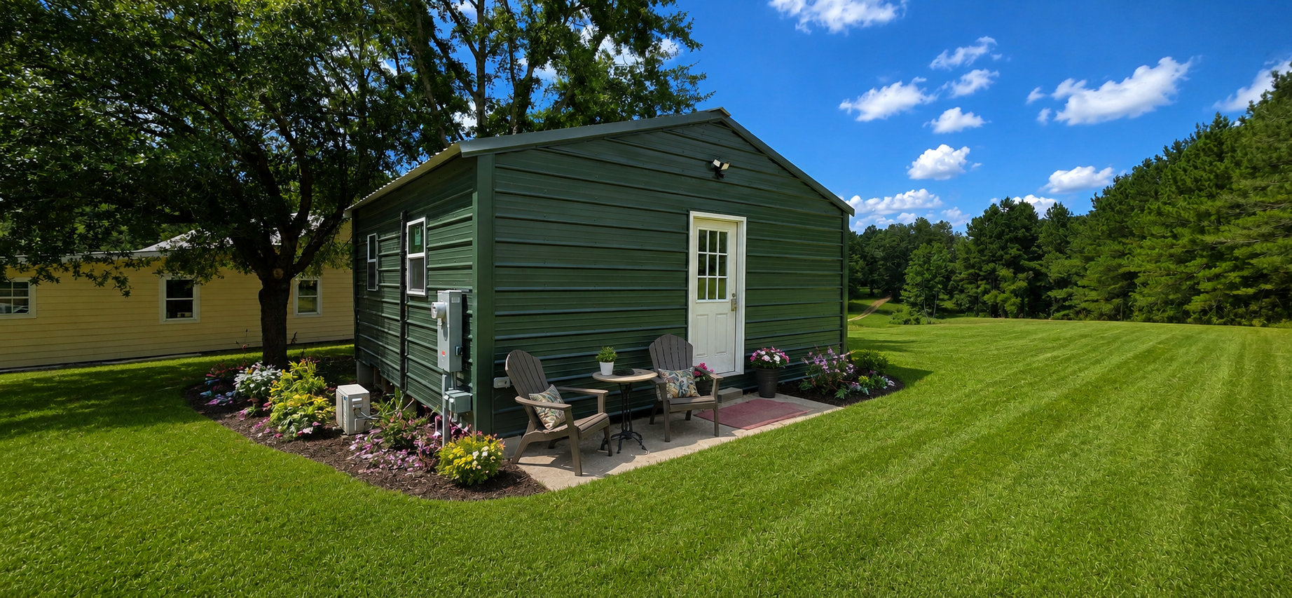 AI-enhanced view illustrating a possible landscaped setting for the green tiny house